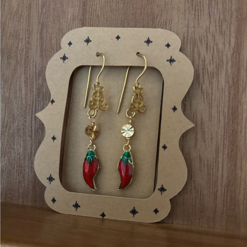 Chili Pepper Dangle Earrings in Red and Gold